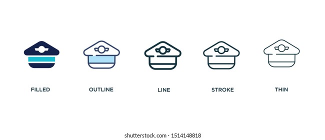 5 version of pilot hat icon such as two color filled, colorful outline, simple line, stroke and thin vector illustrations can be use for web and mobile