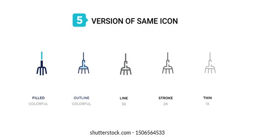 5 version of pitchfork icon such as two color filled, colorful outline, simple line, stroke and thin vector illustrations can be use for web and mobile