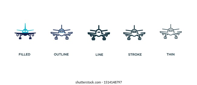 5 version of plane front view icon such as two color filled, colorful outline, simple line, stroke and thin vector illustrations can be use for web and mobile