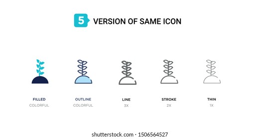 5 version of plant sprout icon such as two color filled, colorful outline, simple line, stroke and thin vector illustrations can be use for web and mobile