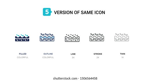 5 version of planting icon such as two color filled, colorful outline, simple line, stroke and thin vector illustrations can be use for web and mobile