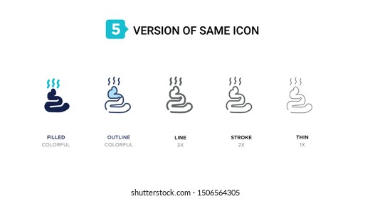 5 version of poo icon such as two color filled, colorful outline, simple line, stroke and thin vector illustrations can be use for web and mobile