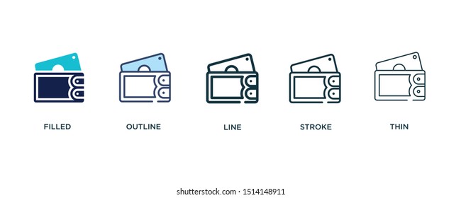 5 version of purse with bill icon such as two color filled, colorful outline, simple line, stroke and thin vector illustrations can be use for web and mobile