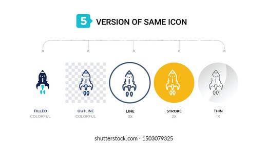 5 version of rocket flying icon such as two color, blue filled, outline in transparent, line in round, stroke on orange, thin on gray illustrations can be use for web & mobile