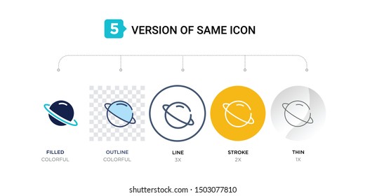 5 version of saturn icon such as two color, blue filled, outline in transparent, line in round, stroke on orange, thin on gray illustrations can be use for web & mobile