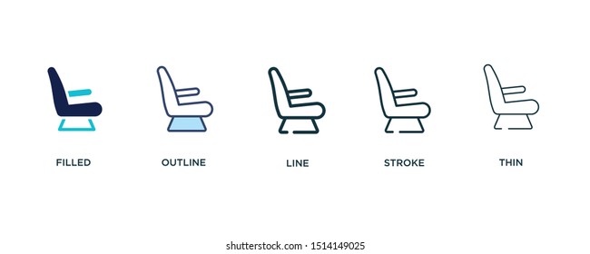 5 version of seat icon such as two color filled, colorful outline, simple line, stroke and thin vector illustrations can be use for web and mobile