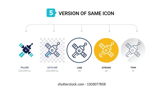 5 version of space module icon such as two color, blue filled, outline in transparent, line in round, stroke on orange, thin on gray illustrations can be use for web & mobile