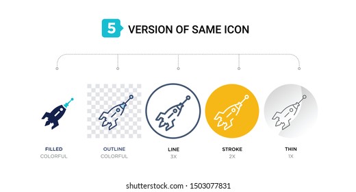 5 version of space rocket icon such as two color, blue filled, outline in transparent, line in round, stroke on orange, thin on gray illustrations can be use for web & mobile