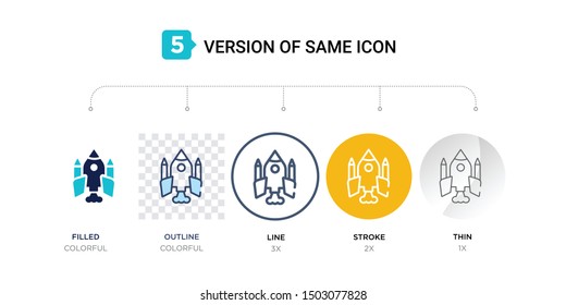 5 version of space shuttle icon such as two color, blue filled, outline in transparent, line in round, stroke on orange, thin on gray illustrations can be use for web & mobile