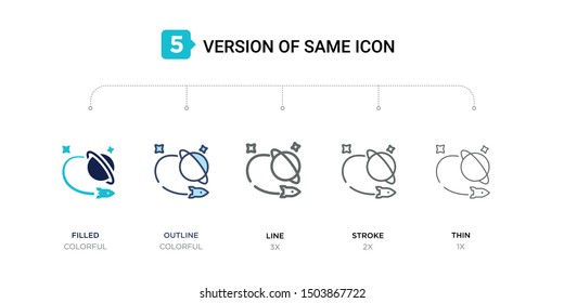 5 version of space travel icon such as two color filled, colorful outline, simple line, stroke and thin vector illustrations can be use for web and mobile