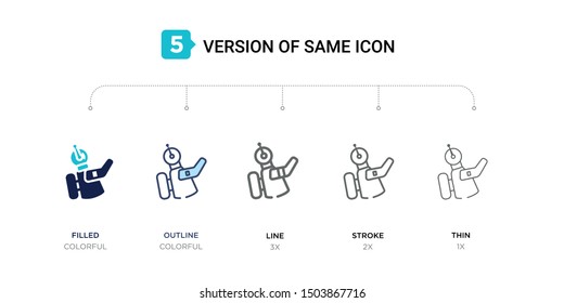 5 version of spaceman icon such as two color filled, colorful outline, simple line, stroke and thin vector illustrations can be use for web and mobile