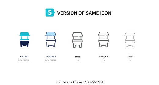 5 version of stall icon such as two color filled, colorful outline, simple line, stroke and thin vector illustrations can be use for web and mobile