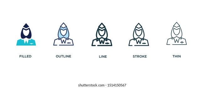 5 version of stewardress icon such as two color filled, colorful outline, simple line, stroke and thin vector illustrations can be use for web and mobile