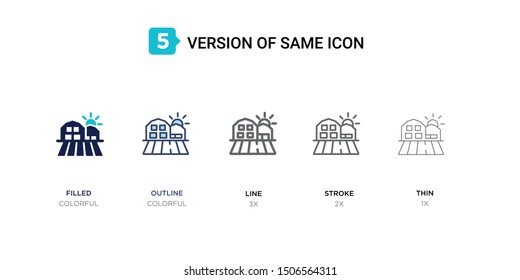 5 version of sunny icon such as two color filled, colorful outline, simple line, stroke and thin vector illustrations can be use for web and mobile