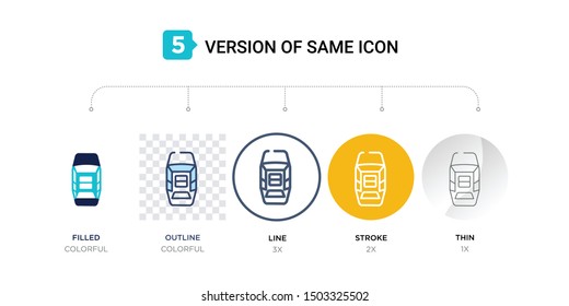 5 version of sunroof or sunshine roof icon such as two color, blue filled, outline, line in round, stroke on orange, thin on gray illustrations can be use for web and mobile