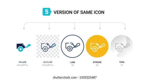5 version of tailpipe icon such as two color, blue filled, outline, line in round, stroke on orange, thin on gray illustrations can be use for web and mobile