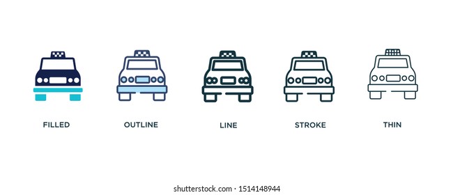 5 version of taxi icon such as two color filled, colorful outline, simple line, stroke and thin vector illustrations can be use for web and mobile
