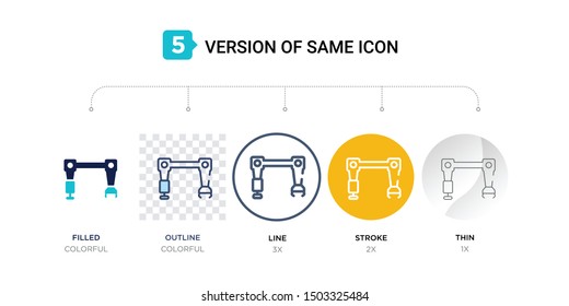 5 version of torsion bar icon such as two color, blue filled, outline, line in round, stroke on orange, thin on gray illustrations can be use for web and mobile