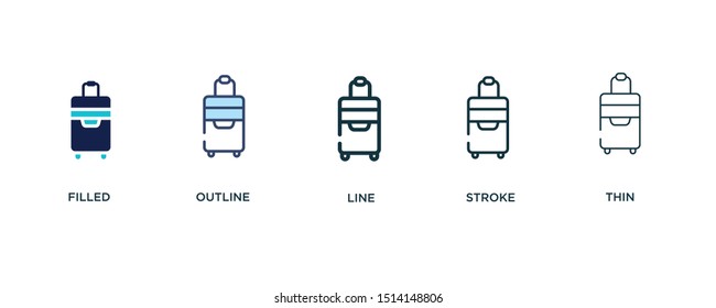 5 version of trip luggage icon such as two color filled, colorful outline, simple line, stroke and thin vector illustrations can be use for web and mobile