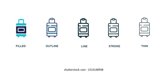 5 version of trolley with luggage icon such as two color filled, colorful outline, simple line, stroke and thin vector illustrations can be use for web and mobile