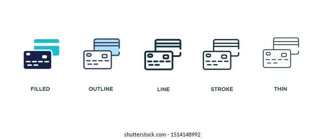 5 Version Of Two Credit Cards Icon Such As Two Color Filled, Colorful Outline, Simple Line, Stroke And Thin Vector Illustrations Can Be Use For Web And Mobile