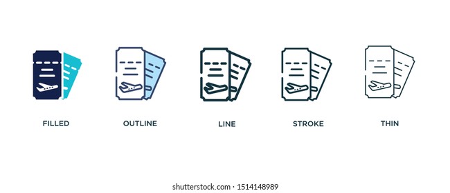 5 version of two plane tickets icon such as two color filled, colorful outline, simple line, stroke and thin vector illustrations can be use for web and mobile