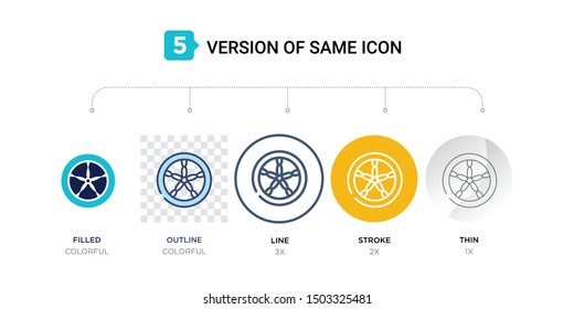 5 version of tyre icon such as two color, blue filled, outline, line in round, stroke on orange, thin on gray illustrations can be use for web and mobile