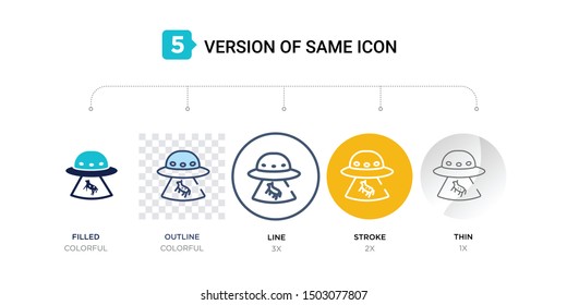 5 version of ufo and cow icon such as two color, blue filled, outline in transparent, line in round, stroke on orange, thin on gray illustrations can be use for web & mobile