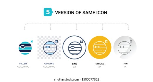 5 version of venus with satellite icon such as two color, blue filled, outline in transparent, line in round, stroke on orange, thin on gray illustrations can be use for web & mobile