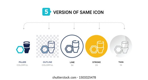 5 version of wheel nut icon such as two color, blue filled, outline, line in round, stroke on orange, thin on gray illustrations can be use for web and mobile