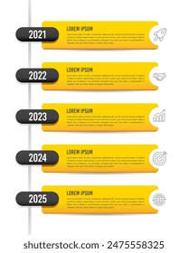 5 vertical infographics or options showing business timeline information. Business presentation, Report, Milestone, Marketing and Planning. Vector illustration.