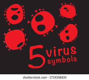 5 virus symbols drawing vector, red virus on black background