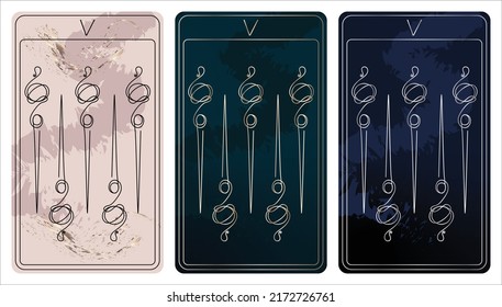 5 of Wands. A card of Minor arcana one line drawing tarot cards. Tarot deck. Vector linear hand drawn illustration with occult, mystical and esoteric symbols. 3 colors. Proposional to 2,75x4,75 in.