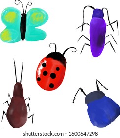 5 watercolor insects cartoon Cute in vector. Simple illustration. 