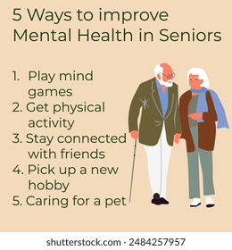 5 ways to improve mental health in seniors.  An elderly couple walking . Vector illustration.