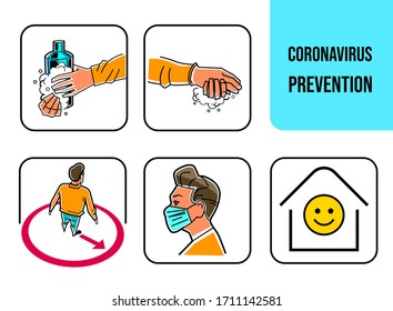 5 ways to stop the coronavirus. comic prevention tips. Outlined Cartoon icons for the society to avoid virus. Prevention recommendation. 