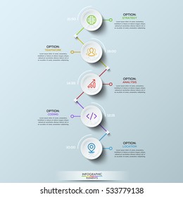 5 white circular elements connected with text boxes and time indication, infographic design layout. Task timing and daily scheduling concept. Vector illustration for website, presentation, mobile app.