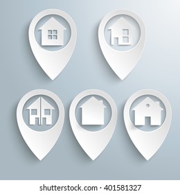 5 white location markers with house shapes on the gray background. Eps 10 vector file.