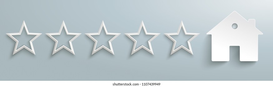 5 white stars with a house on the gray background. Eps 10 vector file.