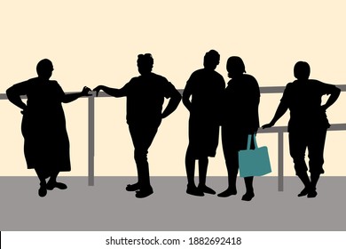 5 Women. Black vector silhouettes of overweight adult women in summer clothes outdoors while relaxing on a walk. A lady in a dress with a bag in her hand, standing near the railing in full growth.