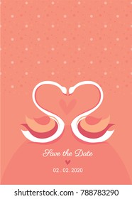 5" x 7" wedding invitation card of sweet swan couple in the pink background