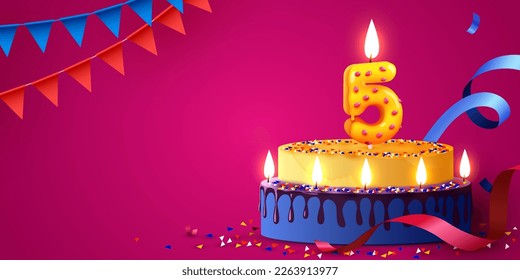5 años. Pastel con velas ardientes y confeti. Cartel de cumpleaños. Ilustración del vector