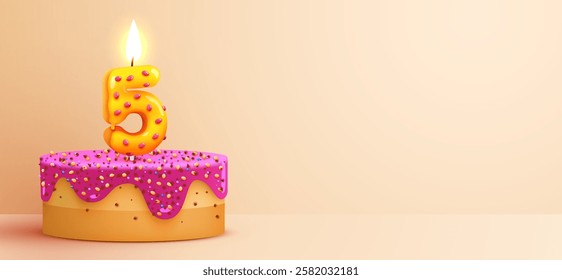 5 year anniversary. Cake with burning candles and confetti. Birthday banner. Vector illustration