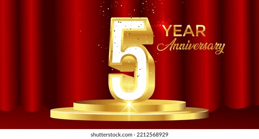 5 year anniversary celebration. Elegant gold birthday and logo isolated on red and black curtain background, vector design for celebrations, invitations and greeting cards