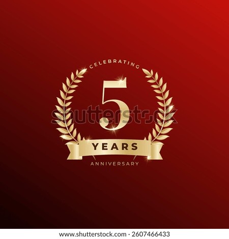 5 year Anniversary celebration, five year Anniversary celebration On Red background for celebration event, festive illustration, Golden number 5 sparkling confetti.