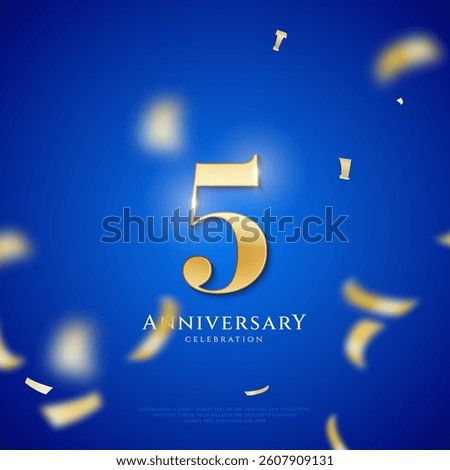 5 year Anniversary celebration, five year Anniversary celebration On Red background for celebration event, festive illustration, Golden number 5 sparkling confetti.