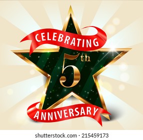 5 year anniversary celebration golden star ribbon, celebrating 5th anniversary decorative golden invitation card - vector eps10