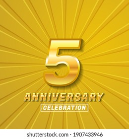 5 year anniversary celebration logotype. Logo,ribbon golden number on yellow background.Numbers ribbon gold foil.