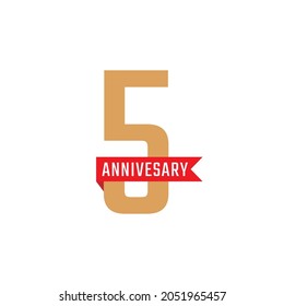 5 Year Anniversary Celebration with Red Ribbon Vector. Happy Anniversary Greeting Celebrates Template Design Illustration