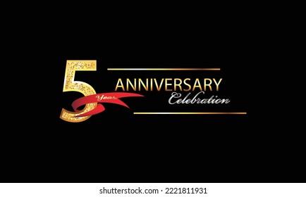 5 Year Anniversary celebration Vector Design. 5th Anniversary celebration. Gold Luxury Banner of 5th Anniversary celebration with red ribbon and glitter. Background celebration. Vector anniversary